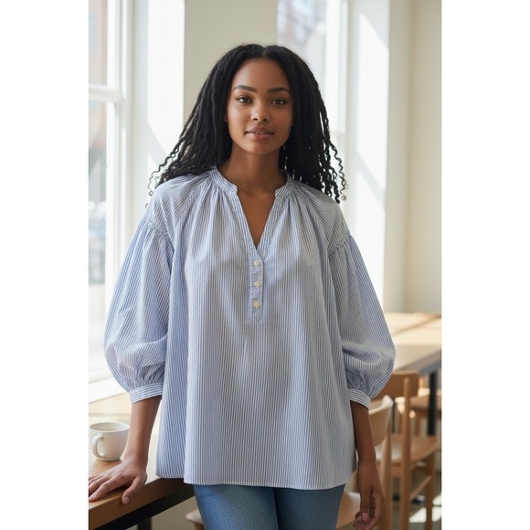 Vanessa Bruno Tops - Vanessa Bruno Blue White Pinstripe Cotton Smocked Puff Sleeve Blouse Large